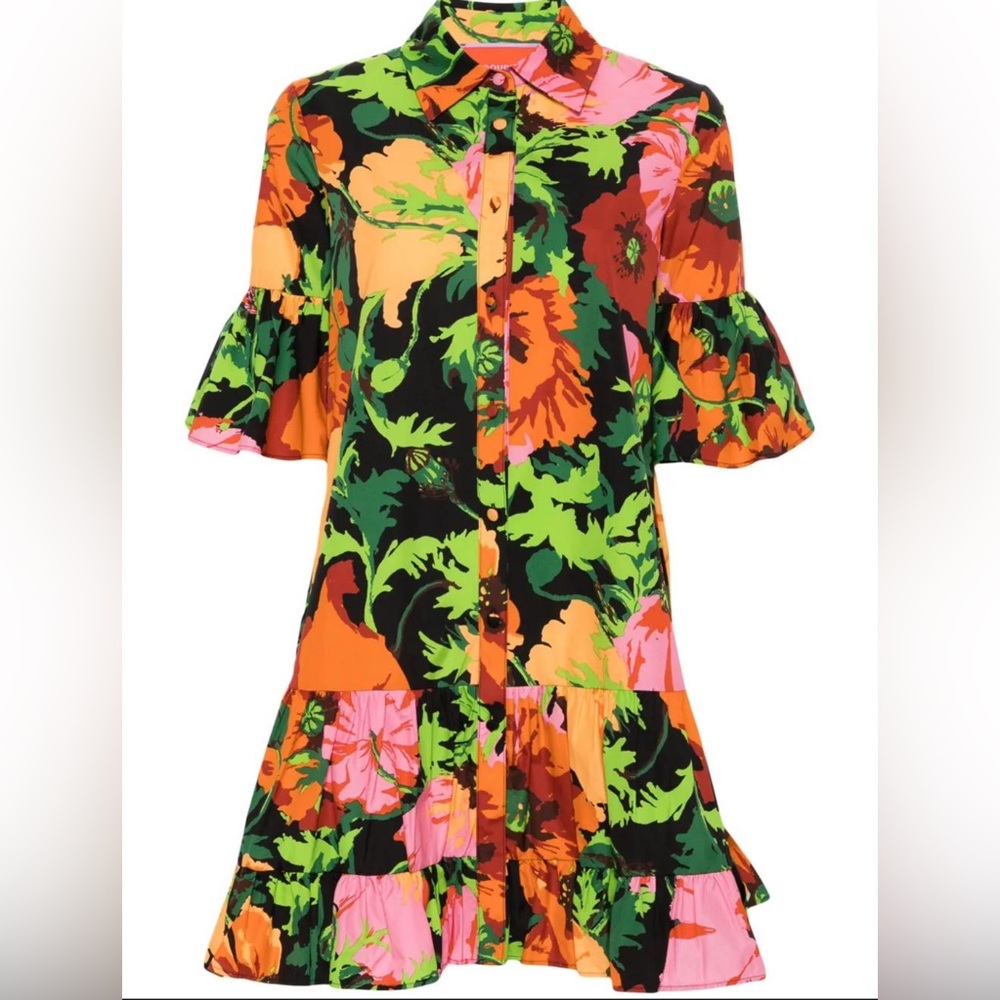 LA DoubleJ Black Floral Button-Down Mini Dress with Orange, Green & Pink